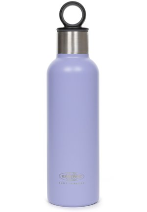 Roestvrijstalen waterfles in matte lavendel, cilindrische vorm met een ronde lusdop. Bevat een gouden logo tekst aan de onderkant.