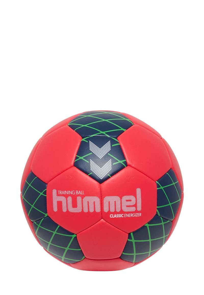 Palla da allenamento rossa con accenti blu, caratterizzata da un motivo a griglia verde. Testo "Hummel Classic Energizer" mostrato in modo prominente.