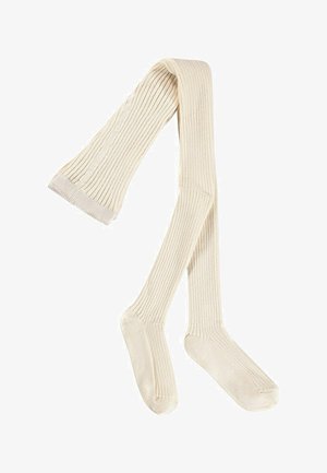 Cremefarbene, gerippte kniehohe Socken, flach ausgelegt, die den Fuß- und Beinbereich mit einer weichen, gestrickten Textur zeigen.