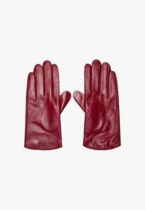 Ein Paar glatter, tiefroter Lederhandschuhe flach ausgelegt mit ausgestreckten Fingern, die die Vorderseite und subtile Nähdetails zeigen.