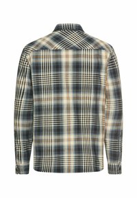 Heren overhemd met lange mouwen in een geruit patroon met marineblauw, grijs, crème en oranje kleuren. Knopenmanchetten en een standaardkraag. Gemaakt van katoen.