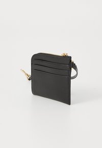 Black leather wallet with a textured surface, featuring multiple card slots, a zip closure, and a small detachable strap.