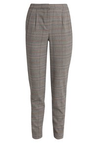 Szare spodnie w kratę z pomarańczowymi akcentami, dopasowany fason, plisami w talii oraz gładką teksturą.