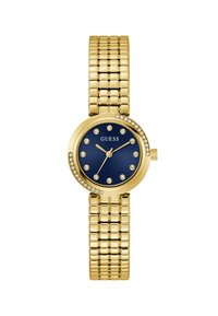 Orologio in tono oro con cassa rotonda e quadrante blu navy, indicatori delle ore in cristallo e bracciale a rete decorato. Include un bezel decorativo.