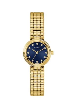 Montre en or avec un boîtier rond, un cadran bleu marine, des marqueurs d'heure en cristal et un bracelet en maille à motifs. Comprend une lunette décorative.