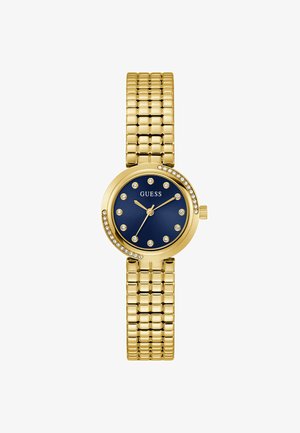 Goude-tone horloge met een ronde kast, een marineblauwe wijzerplaat, kristallen uurmarkeringen en een geperforeerde mesh armband. Inclusief een decoratieve bezel.