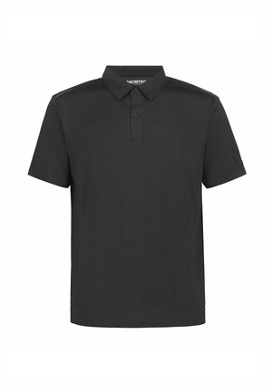 Black short-sleeve polo shirt with two buttons, classic collar, and subtle branding on the left sleeve against a white background.