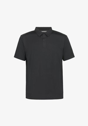 Black short-sleeve polo shirt with two buttons, classic collar, and subtle branding on the left sleeve against a white background.