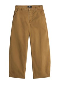 Pantaloni larghi in cotone marrone con chiusura a bottone, due tasche frontali e una texture liscia, caratterizzati da un design semplice e senza fronzoli.