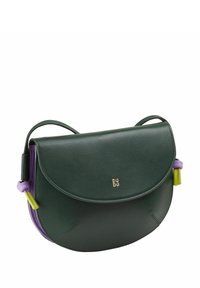 Borsa a tracolla verde in pelle con forma arrotondata, accento viola e dettagli del logo dorati. Caratterizzata da una chiusura a patta e una tracolla corta.
