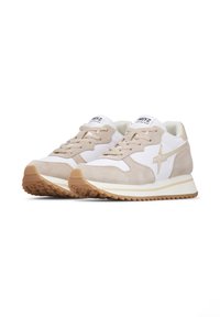 Beige and white athletic shoes with suede and mesh materials, featuring a prominent star design, lace-up closure, and textured rubber sole.