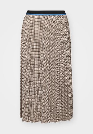 Jupe plissée mi-longue avec petit motif à carreaux marron et blanc, taille élastique noire avec une fine rayure bleue.