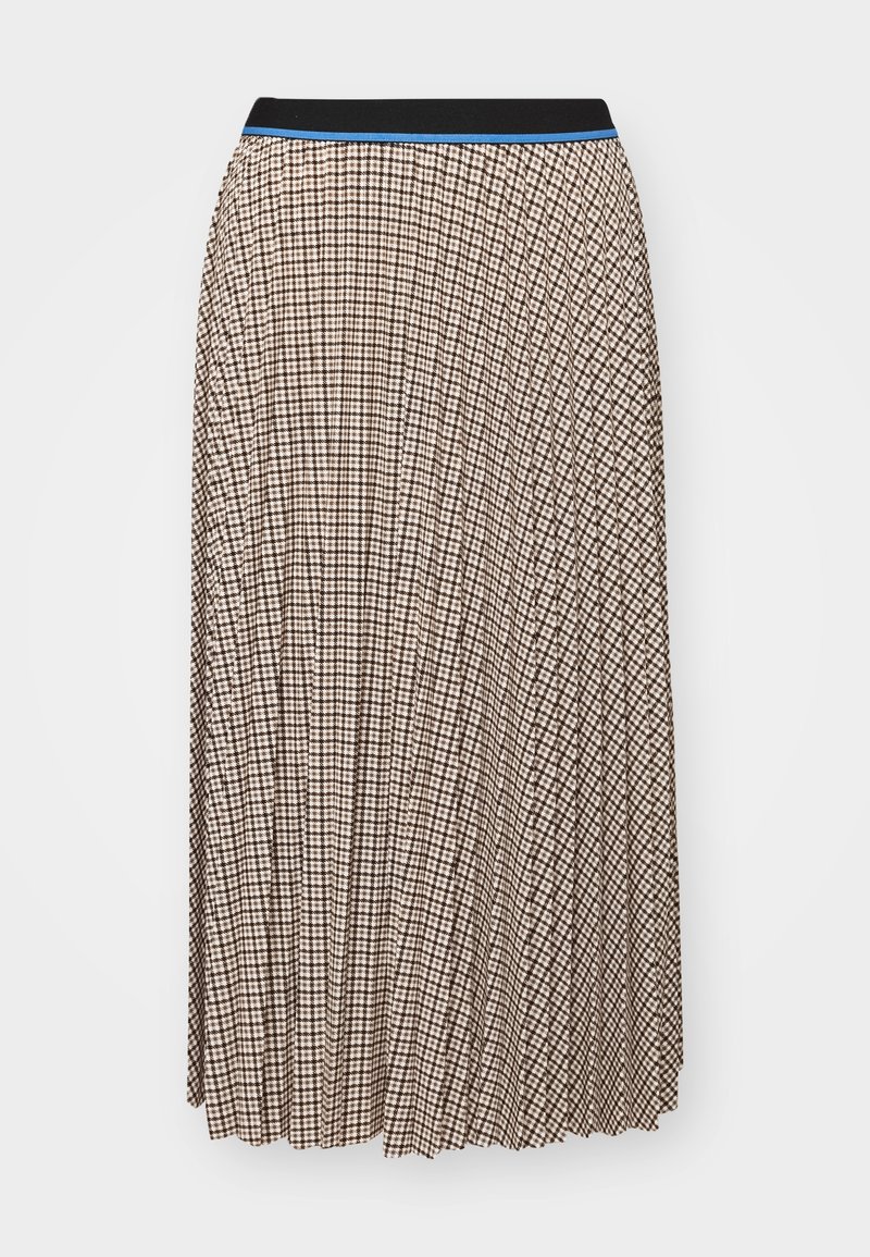 Jupe plissée mi-longue avec petit motif à carreaux marron et blanc, taille élastique noire avec une fine rayure bleue.