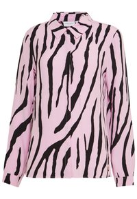 Chemise à boutons avec un fond rose et de larges rayures zèbre noires. Dotée d'un col et de manches longues avec poignets boutonnés.