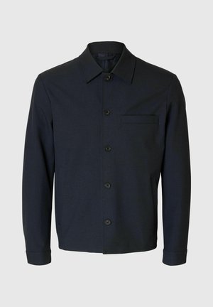 Dark blue jacket made of textured fabric, featuring a collar, long sleeves, front buttons, and a chest pocket. Simple, straight-cut design.