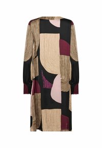 Flowy dress in black fabric featuring abstract shapes in beige, burgundy, and pink. Long sleeves with smocked accents. Geometric design elements.