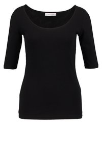 Schwarzes, geripptes Oberteil mit Rundhalsausschnitt und dreiviertel Ärmeln. Hergestellt aus einem weichen Material, entworfen für eine enge Silhouette.