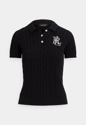 Black short-sleeve polo shirt with cable knit texture, three white buttons at the collar, and an embroidered logo on the left chest.