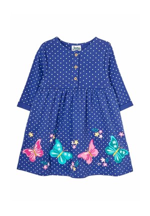 Robe bleue à manches longues avec des pois blancs, dotée d'une patte de boutonnage, d'une jupe évasée et d'imprimés colorés de papillons et de fleurs.