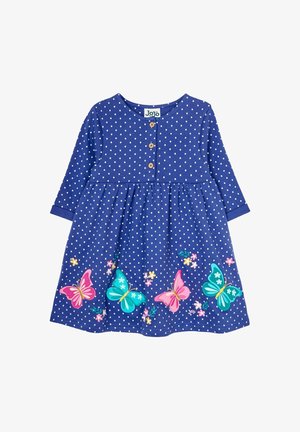 Vestido azul de manga larga con lunares blancos, con una tapeta abotonada, falda acampanada y estampados coloridos de mariposas y flores.