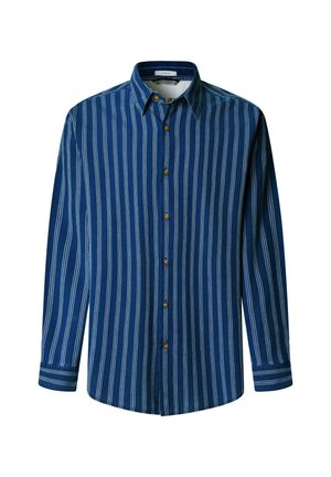 Chemise à rayures bleu et blanc à boutons avec col, manches longues et boutons marron sur le devant. Texture de tissu lisse.