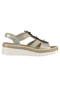 Sandales métalliques argentées avec plusieurs brides, semelle intermédiaire en jute tressé et semelle texturée. Accents floraux noirs remarquables sur la tige.