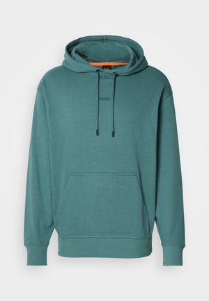 Kapuzensweatshirt in Blaugrün, mit einer Vordertasche, gerippten Bündchen und einem subtilen Markenlogo auf der Brust. Glatter Stoff.