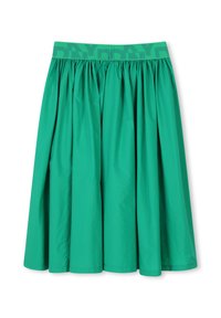 Groene midi-rok gemaakt van lichtgewicht, gestructureerde stof. Bevat een gathered tailleband en een vloeiende, A-lijn silhouet zonder patronen.