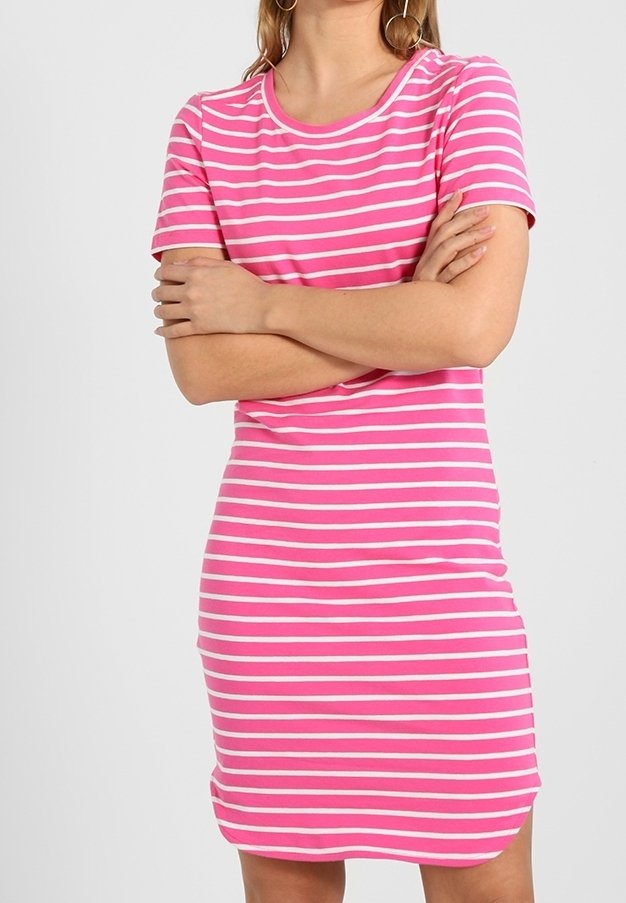 Short-sleeve dress in pink with white stripes. Features a fitted shape and round neckline, made of a soft, stretchy fabric.