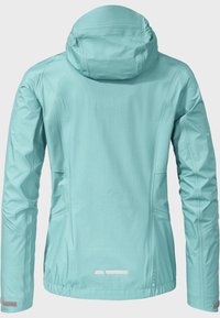 Veste imperméable bleu clair avec capuche, manches longues, ourlet élastique et éléments réfléchissants au dos et sur les manches.