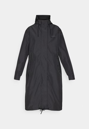 Black long coat with a high collar, adjustable drawstrings, side pockets, and elastic cuffs. Made from smooth, waterproof material.