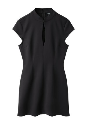 Robe noire cintrée à manches courtes avec un col montant et une ouverture en forme de trou de serrure à l'avant, avec une fermeture éclair dans le dos.
