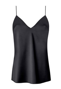 Svart satin camisole med V-ringning, tunna justerbara axelband och en slät, blänkande yta. Flödar löst nedanför midjan.