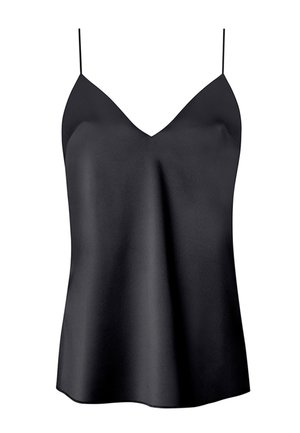Zwarte satijnen camisole met een V-hals, dunne verstelbare bandjes en een gladde, glanzende textuur. Valt soepel onder de taille.