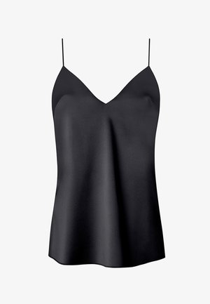Sort satin cami med V-udskæring, tynde justerbare stropper og en glat, blank tekstur. Faldet løst under taljen.