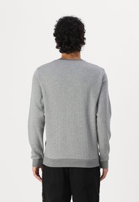 Sweatshirt gri din bumbac, cu mâneci lungi, tivuri și manșete cu nervuri, decolteu rotund și o textură periată, văzut din spate.