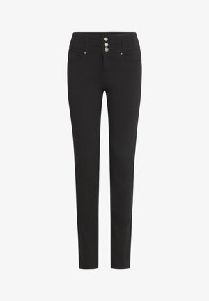 Svarta slim-fit jeans tillverkade av stretchbomull. Har hög midja, stängning med tre knappar och framfickor med subtila hårdvarudetaljer.