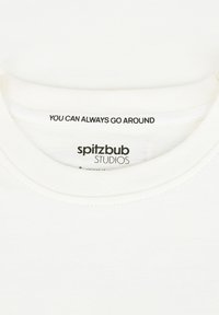 White cotton t-shirt featuring a rounded neck. Inside label displays "YOU CAN ALWAYS GO AROUND" and "spitzbub STUDIOS" in black print.