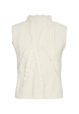 Maglione senza maniche lavorato a maglia di colore bianco, caratterizzato da motivi a treccia testurizzati e da un collo alto. Finitura liscia con orlo a coste nella parte inferiore.