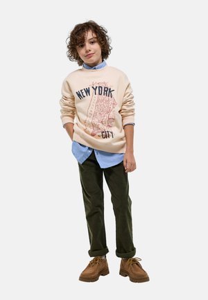 Sweat-shirt beige avec un motif rouge de New York, porté sur une chemise à col bleu clair, associé à un pantalon vert foncé et des chaussures marron.