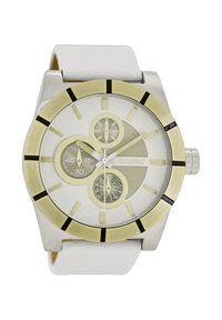 Montre ronde en acier inoxydable avec un cadran en or, un cadran texturé blanc, des accents noirs et trois sous-cadrans. Bracelet en cuir blanc.