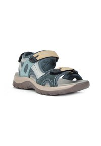 Sandalia multicolor para hombre con parte superior de textil en azul oscuro, beige y gris, diseño de punta abierta, correas ajustables y suela de goma suave.