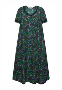 Robe noire à manches courtes ornée d'un motif floral coloré vert, violet et jaune ; elle possède un décolleté rond et une coupe décontractée.
