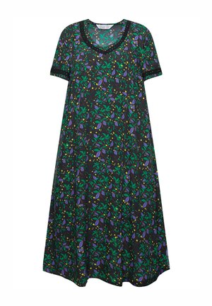 Kurzärmliges schwarzes Kleid, geschmückt mit einem bunten Blumenmuster aus Grün, Lila und Gelb; hat einen runden Halsausschnitt und eine lockere Passform.