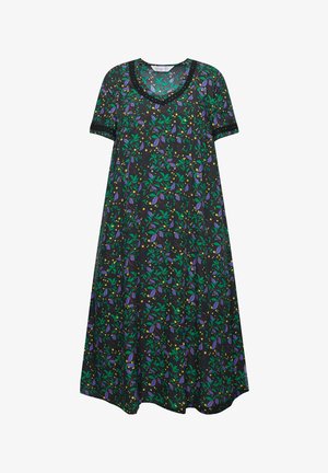 Kurzärmliges schwarzes Kleid, geschmückt mit einem bunten Blumenmuster aus Grün, Lila und Gelb; hat einen runden Halsausschnitt und eine lockere Passform.