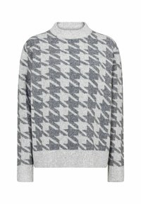 Svetle šedý svetr s houndstooth vzorem v tmavě šedé barvě. Má vysoký límec a žebrované manžety a spodní lem. Měkká, strukturovaná pletenina.