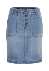 Džínová sukně v světle modré barvě, vysoký pas se čtyřmi knoflíky vpředu, dvě boční kapsy a přiléhavý střih.