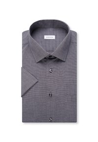 Chemise à manches courtes gris foncé, boutonnée, pliée, avec un col pointu et une poche poitrine sur fond blanc.