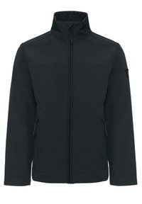 Schwarze Softshell-Jacke mit durchgehendem Reißverschluss, hohem Kragen, zwei Reißverschluss-Seitentaschen und glatter Textur. Mit Nahtdetails an den Schultern.
