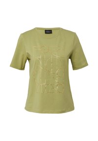 T-shirt vert olive à manches courtes avec un motif géométrique en or métallisé. Tissu doux avec un col rond et une coupe décontractée.